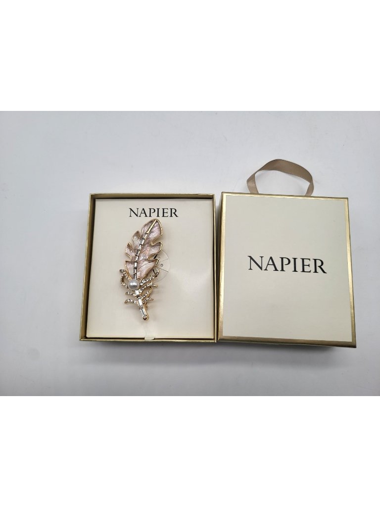 Napier Gold Tone Faux Mother Of Pearl Rhinestone Feather Faux Pearl Pin Brooch 26$